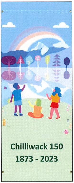 Street banner featuring children looking at the mountains